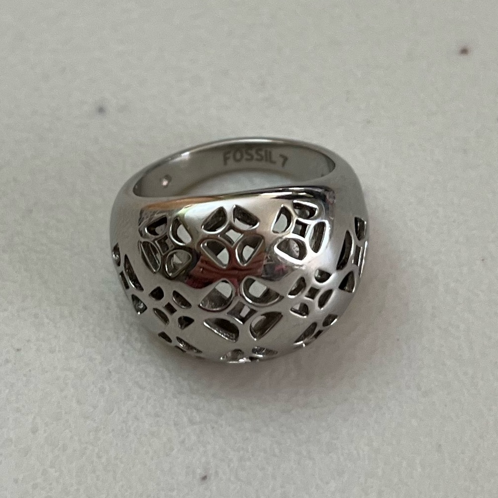 Vintage Fossil Stainless Steel Domed Filigree Ring